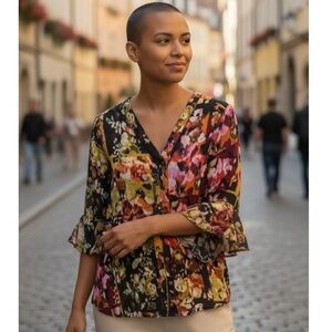 NWT Investments Multicolor Abstract 3/4 Sleeve Ruffle Button Up Blouse Size M